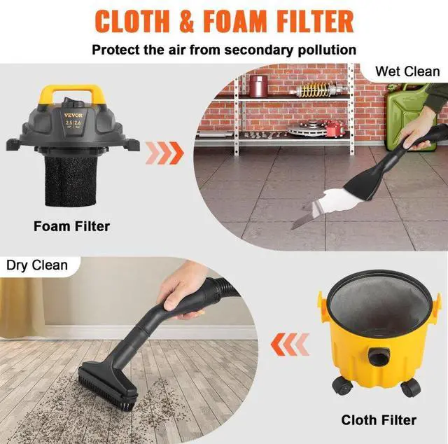 Alt view image 6 of 8 - VEVOR Wet Dry Vac, 2.6 Gallon, 2.5 Peak HP, 3 in 1 Shop Vacuum with Blowing Function, Portable with Attachments to Clean Floor, Upholstery, Gap, Car, ETL Listed, Yellow