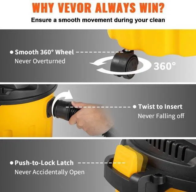 Alt view image 7 of 8 - VEVOR Wet Dry Vac, 2.6 Gallon, 2.5 Peak HP, 3 in 1 Shop Vacuum with Blowing Function, Portable with Attachments to Clean Floor, Upholstery, Gap, Car, ETL Listed, Yellow