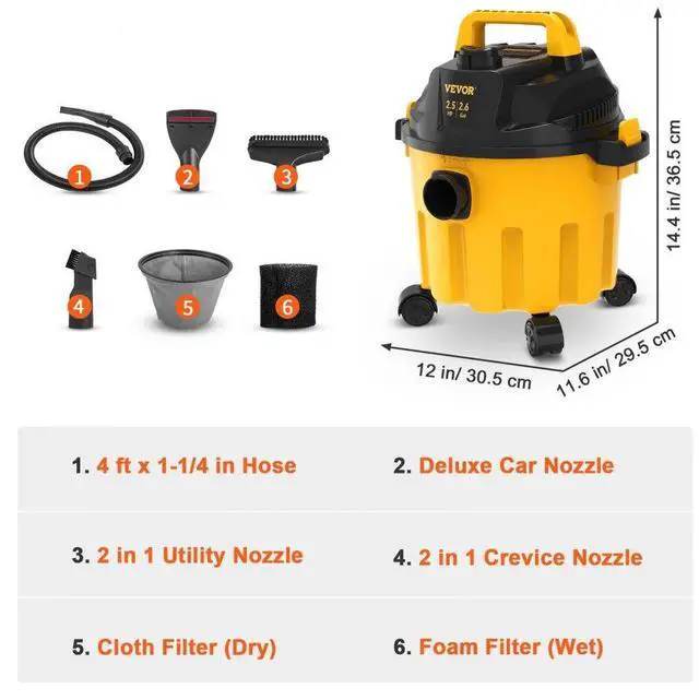 Alt view image 8 of 8 - VEVOR Wet Dry Vac, 2.6 Gallon, 2.5 Peak HP, 3 in 1 Shop Vacuum with Blowing Function, Portable with Attachments to Clean Floor, Upholstery, Gap, Car, ETL Listed, Yellow