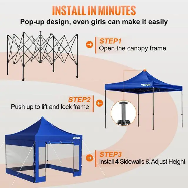 Alt view image 6 of 8 - VEVOR Pop Up Canopy Tent, 10 x 10 FT, Outdoor Patio Gazebo Tent with Removable Sidewalls and Wheeled Bag, UV Resistant Waterproof Instant Gazebo Shelter for Party, Garden, Backyard, Blue