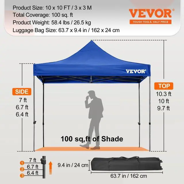 Alt view image 8 of 8 - VEVOR Pop Up Canopy Tent, 10 x 10 FT, Outdoor Patio Gazebo Tent with Removable Sidewalls and Wheeled Bag, UV Resistant Waterproof Instant Gazebo Shelter for Party, Garden, Backyard, Blue
