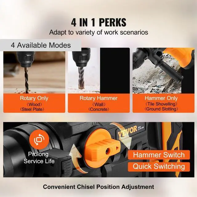 Alt view image 5 of 8 - VEVOR Rotary Hammer Drill Corded Drills 1-1/4" 4 Modes SDS-Plus Chipping Hammers