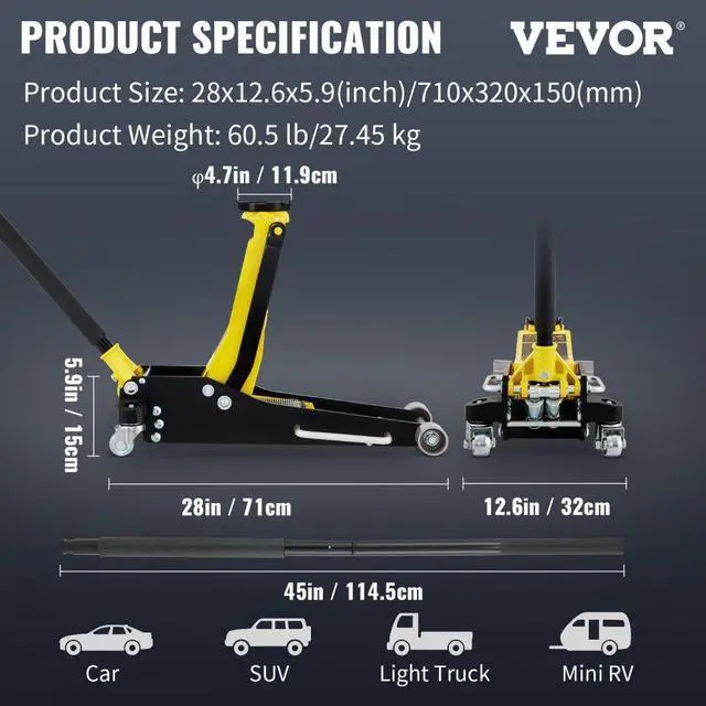 Alt view image 8 of 8 - VEVOR Floor Jack, 2.5 Ton Low Profile Floor Jack, Aluminum and Steel Racing Floor Jack with Dual Pistons Quick Lift Pump, Floor Jack Lifting Range 3-3/4"-18-7/10"