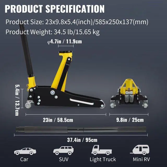 Alt view image 8 of 8 - VEVOR 1.5 Ton Low Profile Aluminum Steel Racing Floor Jack Dual Pump Lift Car