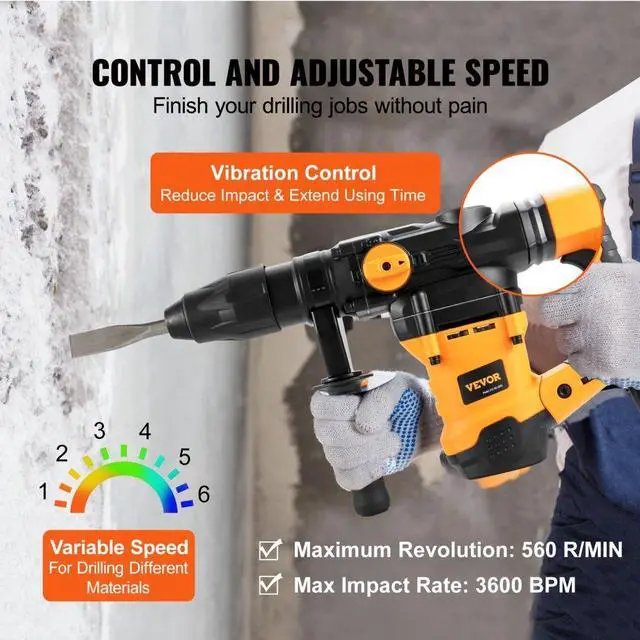 Alt view image 6 of 8 - VEVOR Rotary Hammer Drill Corded Drills 1-9/16" 3 Modes SDS-MAX Chipping Hammers