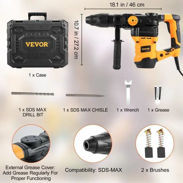 Alt view image 8 of 8 - VEVOR Rotary Hammer Drill Corded Drills 1-9/16" 3 Modes SDS-MAX Chipping Hammers