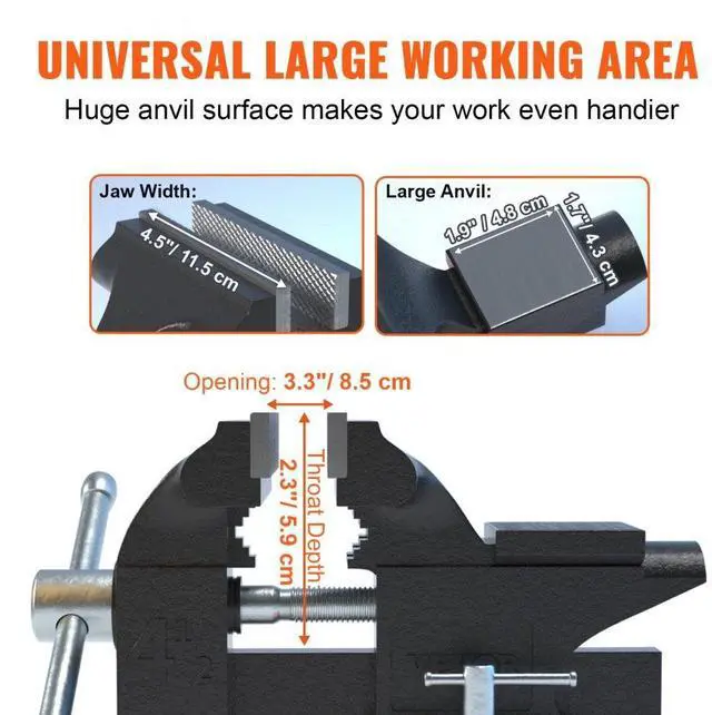 Alt view image 4 of 8 - VEVOR 4.5" Bench Vise w/ Anvil 240Swivel Base Heavy Duty Multipurpose Vise