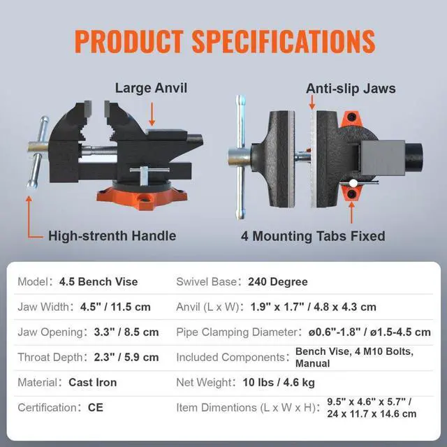 Alt view image 8 of 8 - VEVOR 4.5" Bench Vise w/ Anvil 240Swivel Base Heavy Duty Multipurpose Vise