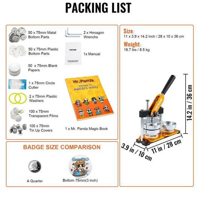 Alt view image 8 of 8 - VEVOR Button Maker Machine Badge Pin Machine 3" 75 MM 100 Free Parts Press Kit