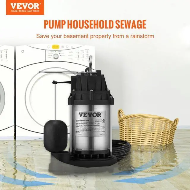 Alt view image 3 of 8 - VEVOR Submersible Sump Pump Water Pump 1/2 HP 4320GPH Cast Iron Steel Basement