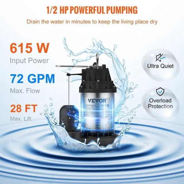 Alt view image 4 of 8 - VEVOR Submersible Sump Pump Water Pump 1/2 HP 4320GPH Cast Iron Steel Basement