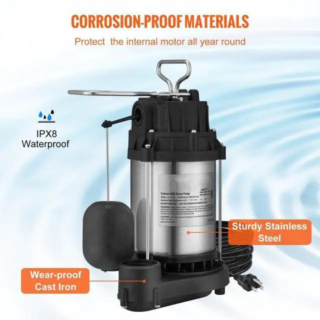 Alt view image 5 of 8 - VEVOR Submersible Sump Pump Water Pump 1/2 HP 4320GPH Cast Iron Steel Basement