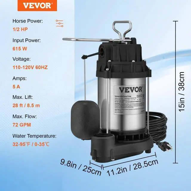 Alt view image 8 of 8 - VEVOR Submersible Sump Pump Water Pump 1/2 HP 4320GPH Cast Iron Steel Basement