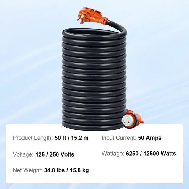 Alt view image 8 of 8 - VEVOR 50ft RV Power Cord Generator Cord 50A NEMA SS2-50R/NEMA 14-50P ETL Listed