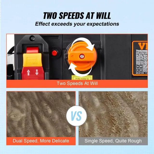 Alt view image 5 of 15 - VEVOR Thickness Planer 13-Inch Two-Speed Three-Blade 15-Amp for woodworking