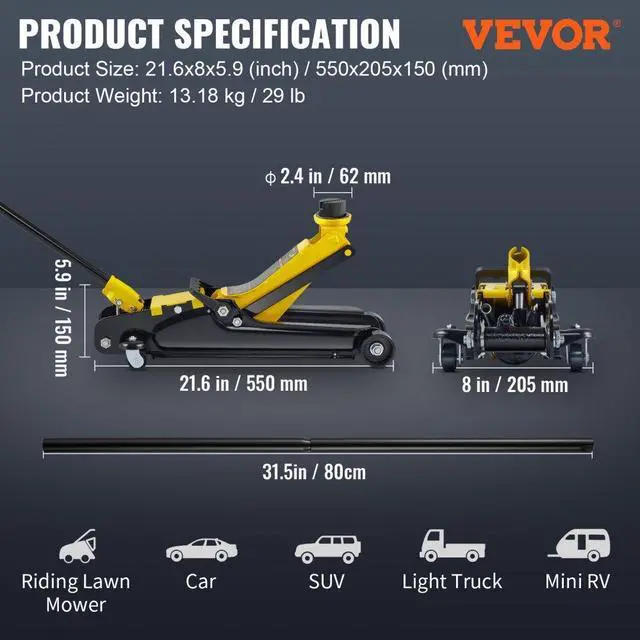 Alt view image 8 of 8 - VEVOR Low Profile Floor Jack 2.5 Ton Heavy Steel Single Piston Hydraulic Pump