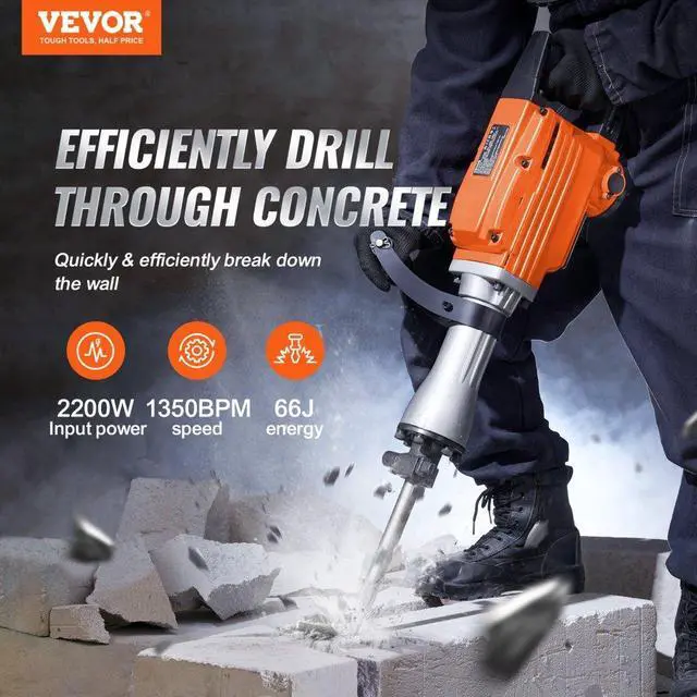 Alt view image 3 of 15 - VEVOR Demolition Jack Hammer Concrete Breaker 2200W Electric Hammer 6 Chisel Bits