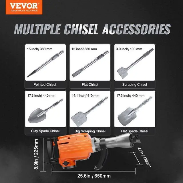 Alt view image 8 of 15 - VEVOR Demolition Jack Hammer Concrete Breaker 2200W Electric Hammer 6 Chisel Bits