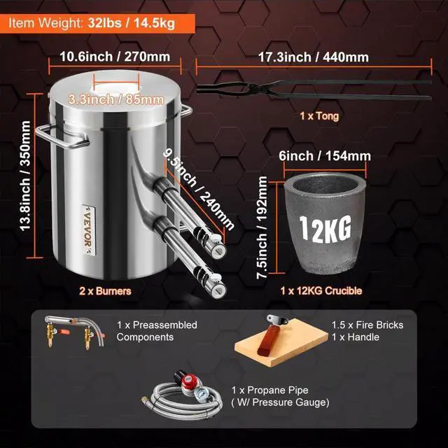 Alt view image 8 of 8 - VEVOR 12KG Propane Smelting Furnace Kit Melting Furnace Double Burners 2700