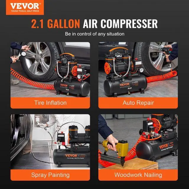Alt view image 7 of 11 - VEVOR Air Compressor 2.1 Gallon 900W 2.2 CFM@ 90PSI 70 dB Ultra Quiet Oil Free