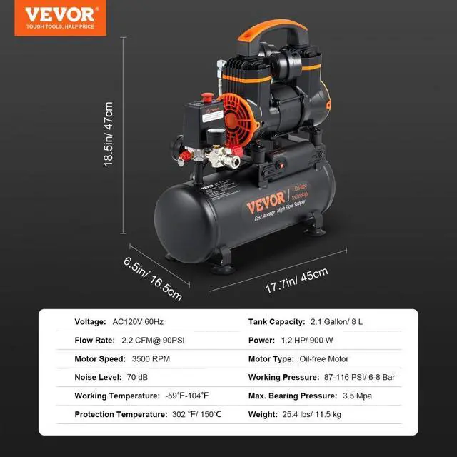 Alt view image 8 of 11 - VEVOR Air Compressor 2.1 Gallon 900W 2.2 CFM@ 90PSI 70 dB Ultra Quiet Oil Free
