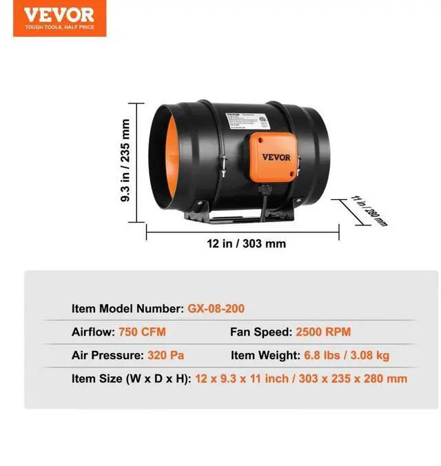 Alt view image 8 of 8 - VEVOR 8 Inch Inline Duct Fan HVAC Exhaust Blower Kit AC Variable Speed Control