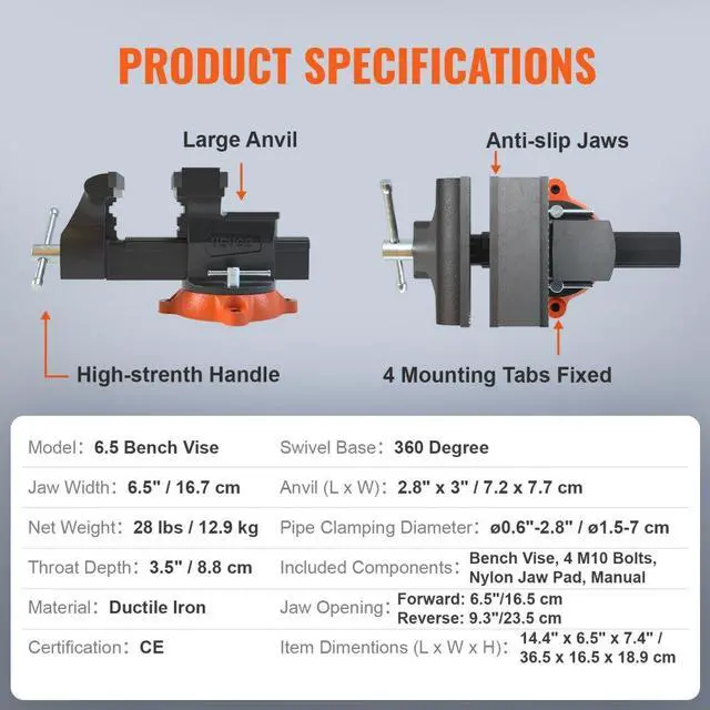 Alt view image 8 of 8 - VEVOR 6.5" Bench Vise w/ 360Swivel Locking Base & Two-way Jaw Ductile Iron