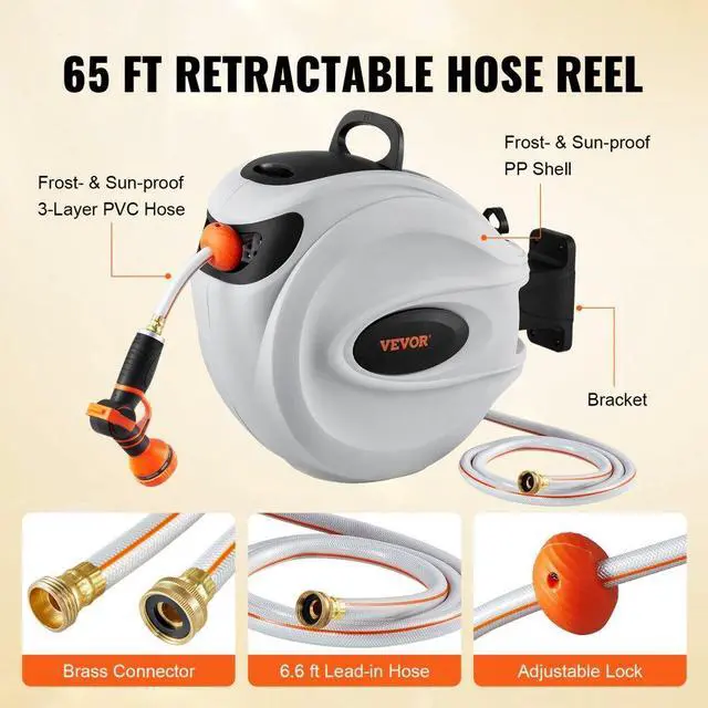 Alt view image 7 of 8 - VEVOR Retractable Hose Reel Water Hose Reel 65'x5/8" 180 Swivel Wall-Mounted