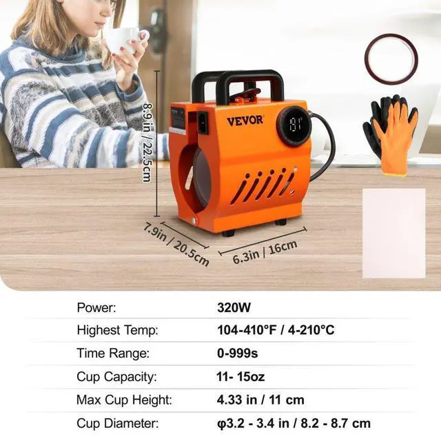 Alt view image 8 of 8 - VEVOR Mug Heat Press Mini Cup Press Machine DIY Sublimation Blanks 11-15oz