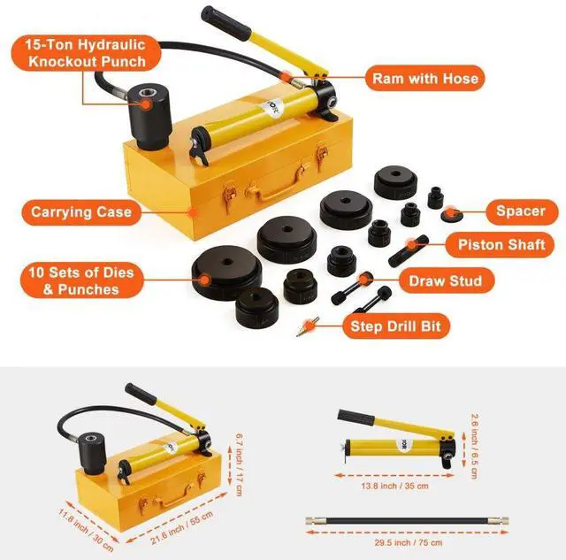 Alt view image 8 of 8 - VEVOR 15 Ton Hydraulic Knockout Punch Driver Kit Hole Tool 1/2"-4" with 10 Dies