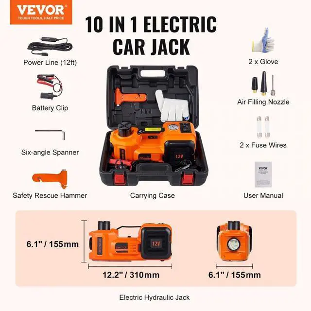 Alt view image 8 of 8 - VEVOR Electric Hydraulic Car Floor Jack 5 Ton 12V Built-in Tire Inflator Pump