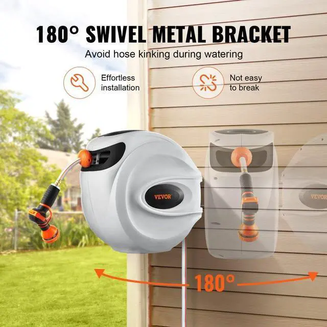 Alt view image 4 of 8 - VEVOR Retractable Hose Reel Water Hose Reel 115'x1/2" 180 Swivel Wall-Mounted