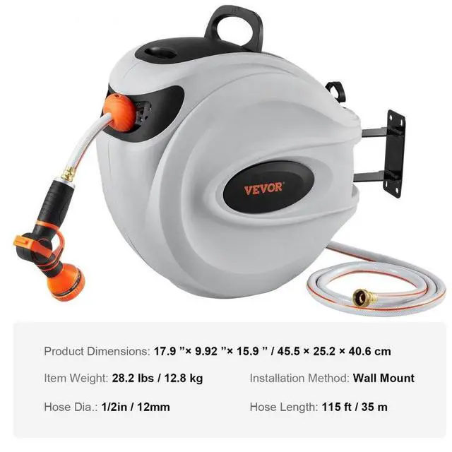 Alt view image 8 of 8 - VEVOR Retractable Hose Reel Water Hose Reel 115'x1/2" 180 Swivel Wall-Mounted