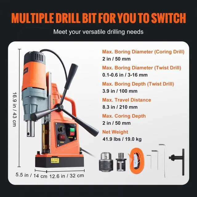 Alt view image 8 of 8 - VEVOR Magnetic Drill 1550W 2922lbf/13000N Portable Mag Drill Press 500RPM