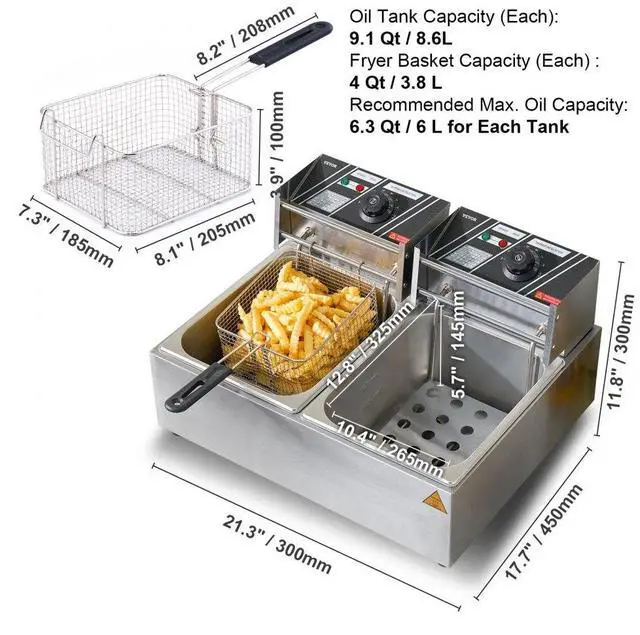 Alt view image 8 of 8 - VEVOR Commercial Electric Deep Fryer Countertop Deep Fryer Dual Detachable Tanks