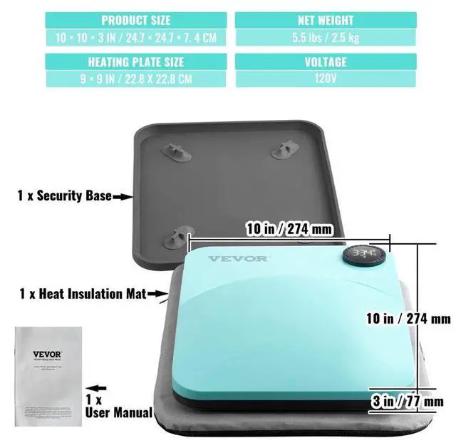 Alt view image 8 of 8 - VEVOR Heat Press 9 x 9 in Portable Easy Press Sublimation Transfer DIY T-shirt