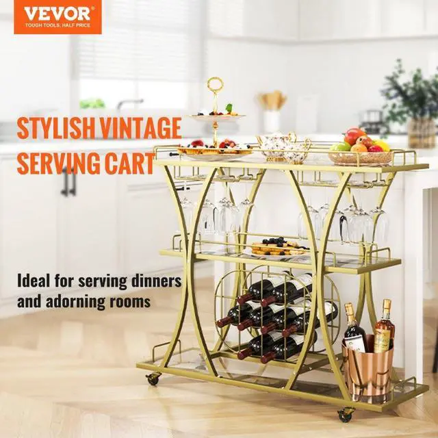 Alt view image 3 of 8 - VEVOR 3 Tiers Gold Metal Bar Serving Cart with Wine Rack Glass Holder 180 LBS