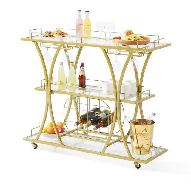 Alt view image 2 of 8 - VEVOR 3 Tiers Gold Metal Bar Serving Cart with Wine Rack Glass Holder 180 LBS