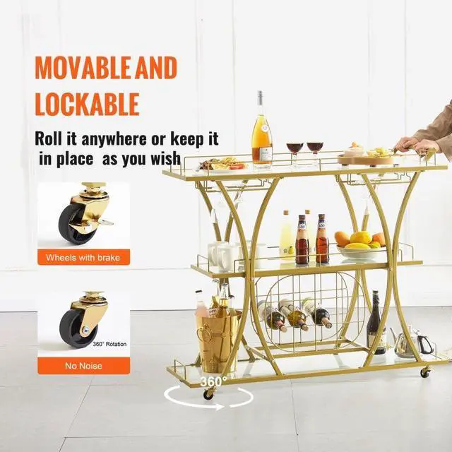 Alt view image 5 of 8 - VEVOR 3 Tiers Gold Metal Bar Serving Cart with Wine Rack Glass Holder 180 LBS