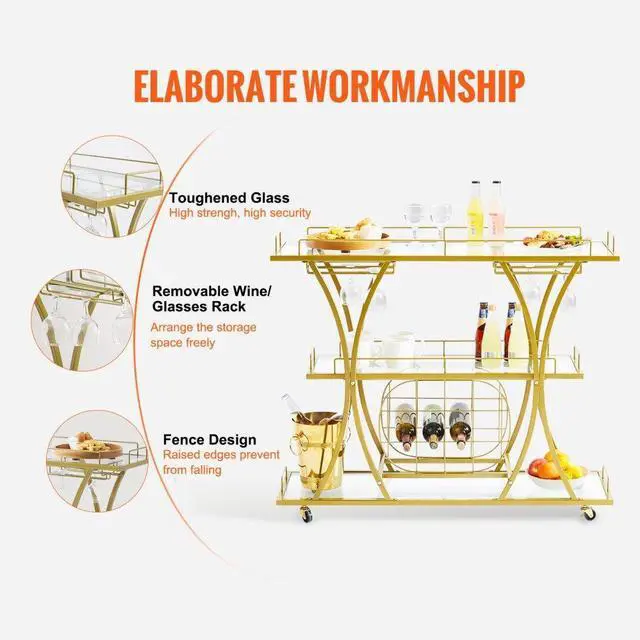 Alt view image 6 of 8 - VEVOR 3 Tiers Gold Metal Bar Serving Cart with Wine Rack Glass Holder 180 LBS