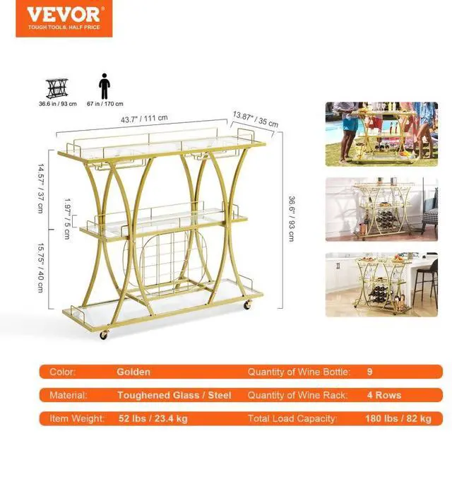Alt view image 8 of 8 - VEVOR 3 Tiers Gold Metal Bar Serving Cart with Wine Rack Glass Holder 180 LBS