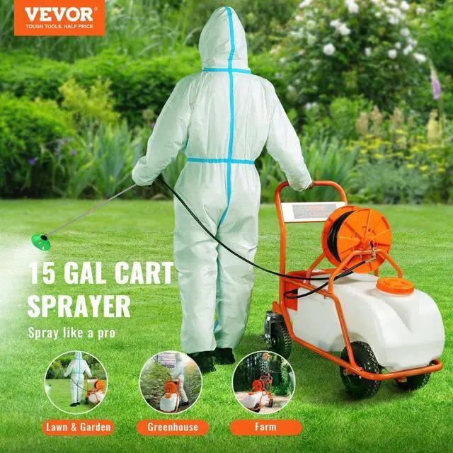 Alt view image 3 of 8 - VEVOR Battery Powered Lawn Sprayer on Wheel, 0-90 PSI Adjustable Pressure, 15 Gallon Tank, Cart Sprayer with 8 Nozzles and 2 Wands, 12V 12Ah Battery, Wide Mouth Lid for Weeding, Spraying