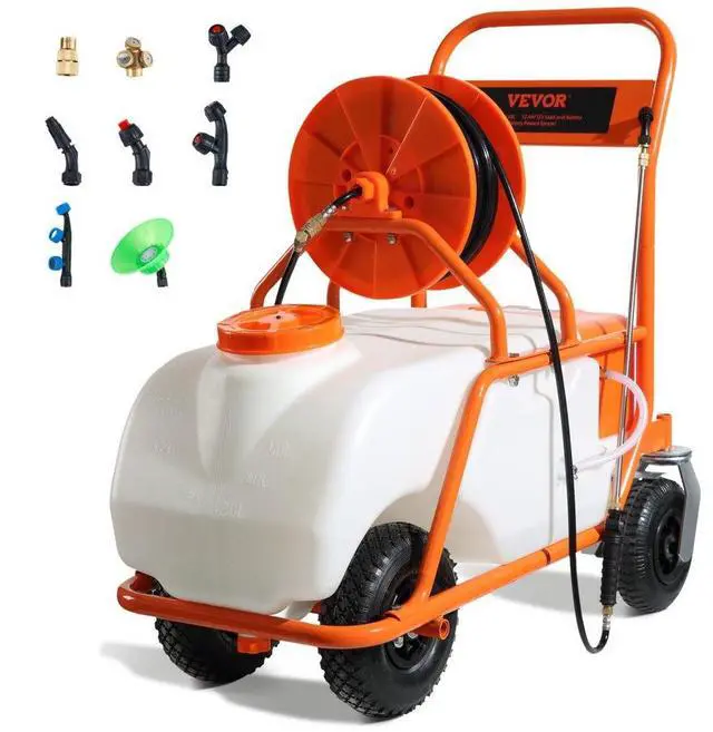 Alt view image 2 of 8 - VEVOR Battery Powered Lawn Sprayer on Wheel, 0-90 PSI Adjustable Pressure, 15 Gallon Tank, Cart Sprayer with 8 Nozzles and 2 Wands, 12V 12Ah Battery, Wide Mouth Lid for Weeding, Spraying