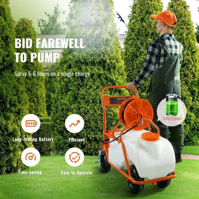 Alt view image 4 of 8 - VEVOR Battery Powered Lawn Sprayer on Wheel, 0-90 PSI Adjustable Pressure, 15 Gallon Tank, Cart Sprayer with 8 Nozzles and 2 Wands, 12V 12Ah Battery, Wide Mouth Lid for Weeding, Spraying