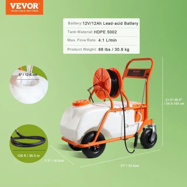 Alt view image 8 of 8 - VEVOR Battery Powered Lawn Sprayer on Wheel, 0-90 PSI Adjustable Pressure, 15 Gallon Tank, Cart Sprayer with 8 Nozzles and 2 Wands, 12V 12Ah Battery, Wide Mouth Lid for Weeding, Spraying