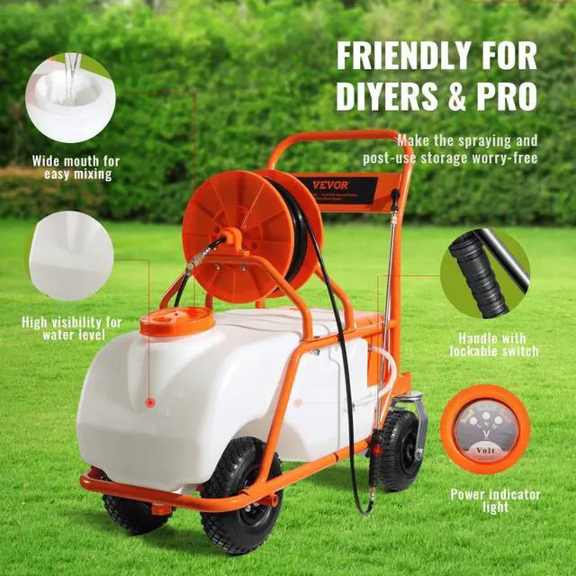 Alt view image 7 of 8 - VEVOR Battery Powered Lawn Sprayer on Wheel, 0-90 PSI Adjustable Pressure, 15 Gallon Tank, Cart Sprayer with 8 Nozzles and 2 Wands, 12V 12Ah Battery, Wide Mouth Lid for Weeding, Spraying