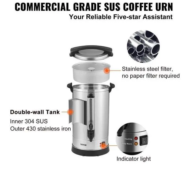 Alt view image 7 of 8 - VEVOR Commercial Coffee Urn 65 Cup Stainless Steel Coffee Dispenser Fast Brew