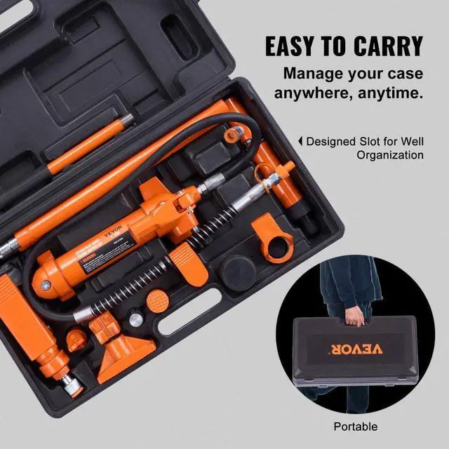 Alt view image 6 of 8 - VEVOR 4 Ton/8800 LBS Porta Power, Portable Hydraulic Ram with 3.9 ft/1.2 m Oil Hose, Auto Body Frame Repair Kit with Storage Case for Car Repair, Truck, Farm