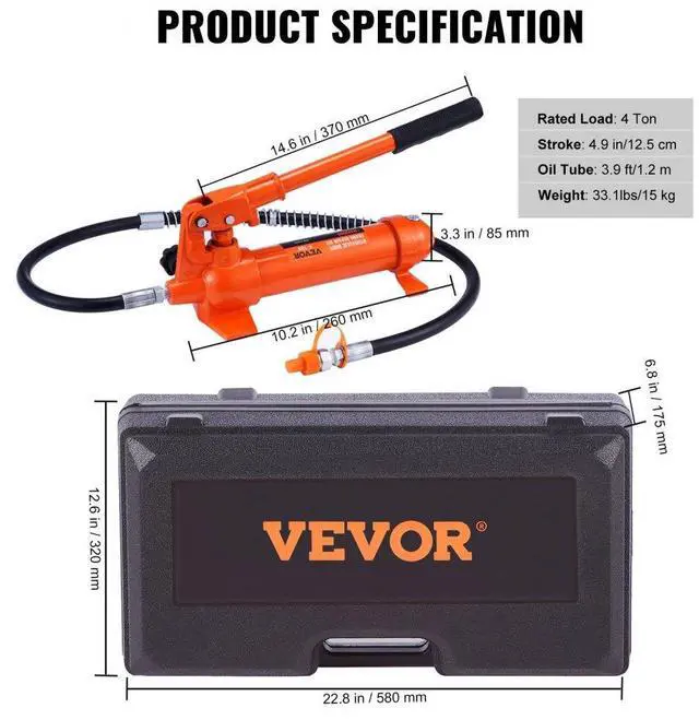 Alt view image 8 of 8 - VEVOR 4 Ton/8800 LBS Porta Power, Portable Hydraulic Ram with 3.9 ft/1.2 m Oil Hose, Auto Body Frame Repair Kit with Storage Case for Car Repair, Truck, Farm