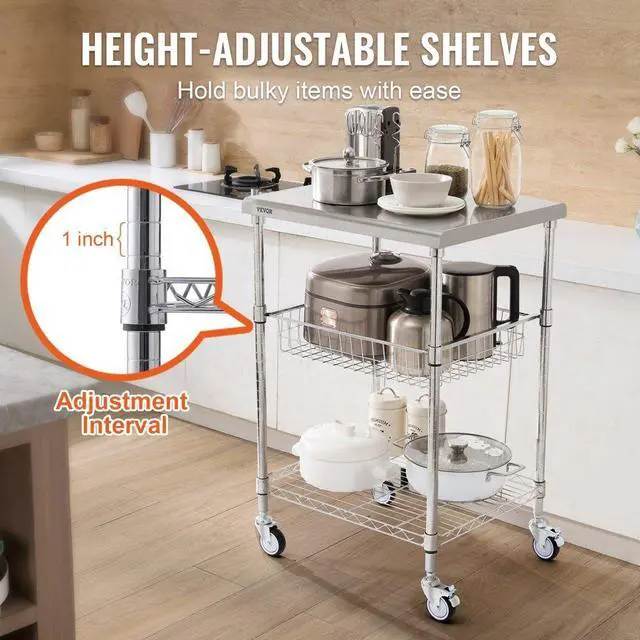 Alt view image 5 of 8 - VEVOR 3-Tier Utility Cart Rolling Cart on Wheels 24"x20"x36.6" 470 LBS 6 Hooks